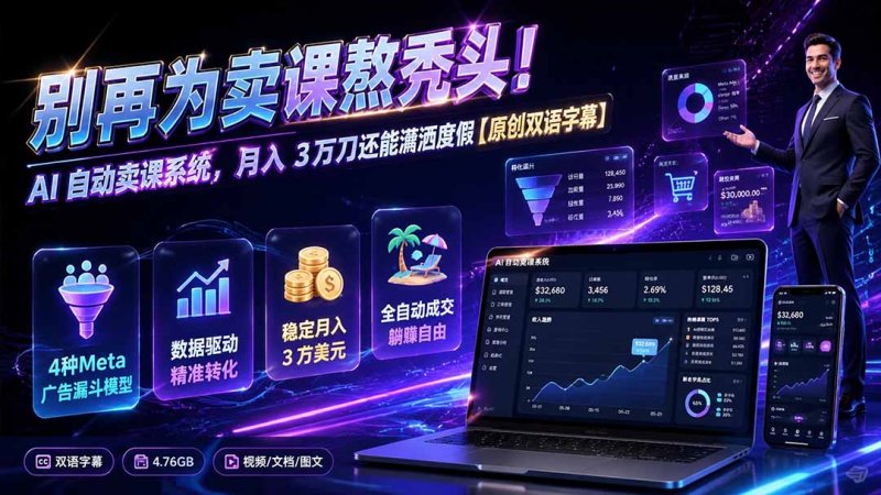 别再为卖课熬秃头！AI 自动卖课系统，月入 3 万刀还能潇洒度假【原创双语字幕】网创-网赚-电商-tk-出海-AI-抖音-快手-小红书-视频号-玩法-创业-小程序-公众号-私域-s粉网创智库