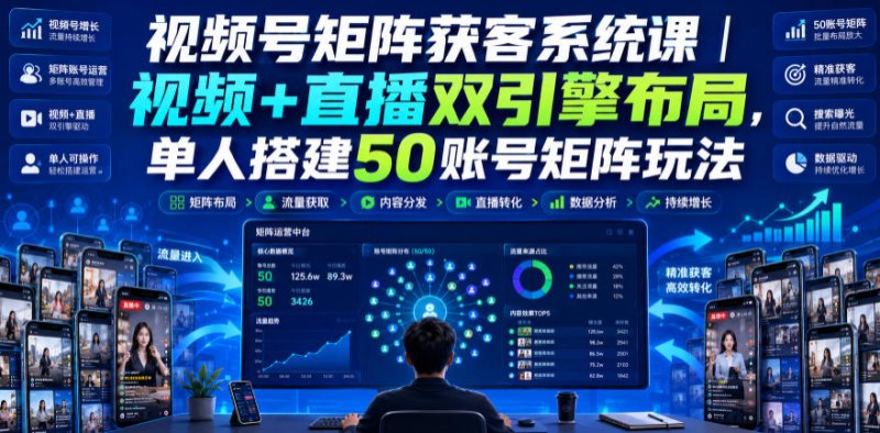 视频号矩阵获客系统课|视频+直播双引擎布局,单人搭建50账号矩阵玩法,流量入池、搜索占位、全域引流沉淀私域全流程教学网创-网赚-电商-tk-出海-AI-抖音-快手-小红书-视频号-玩法-创业-小程序-公众号-私域-s粉网创智库