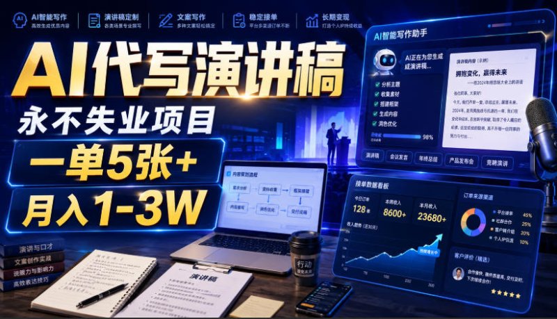 AI代写演讲稿，永不失业项目，一单5张+，月入1-3W【揭秘】网创-网赚-电商-tk-出海-AI-抖音-快手-小红书-视频号-玩法-创业-小程序-公众号-私域-s粉网创智库