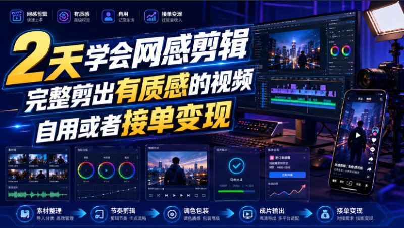 2天学会网感剪辑，完整剪出有质感的视频，自用或者接单变现网创-网赚-电商-tk-出海-AI-抖音-快手-小红书-视频号-玩法-创业-小程序-公众号-私域-s粉网创智库
