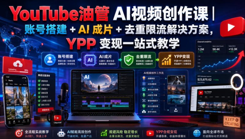 YouTube油管AI视频创作课｜账号搭建+AI成片+去重限流解决方案，YPP变现一站式教学网创-网赚-电商-tk-出海-AI-抖音-快手-小红书-视频号-玩法-创业-小程序-公众号-私域-s粉网创智库