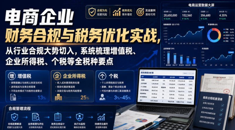 电商企业财务合规与税务优化实战，从行业合规大势切入，系统梳理增值税、企业所得税、个税等全税种要点网创-网赚-电商-tk-出海-AI-抖音-快手-小红书-视频号-玩法-创业-小程序-公众号-私域-s粉网创智库
