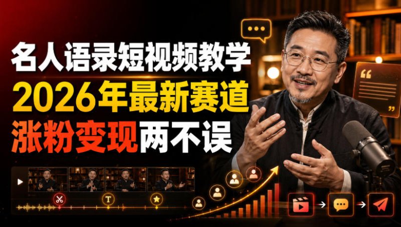 名人语录短视频教学，2026年最新赛道，涨粉变现两不误网创-网赚-电商-tk-出海-AI-抖音-快手-小红书-视频号-玩法-创业-小程序-公众号-私域-s粉网创智库