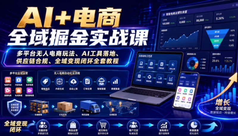 AI+电商全域掘金实战课｜多平台无人电商玩法、AI工具落地、供应链合规、全域变现闭环全套教程网创-网赚-电商-tk-出海-AI-抖音-快手-小红书-视频号-玩法-创业-小程序-公众号-私域-s粉网创智库
