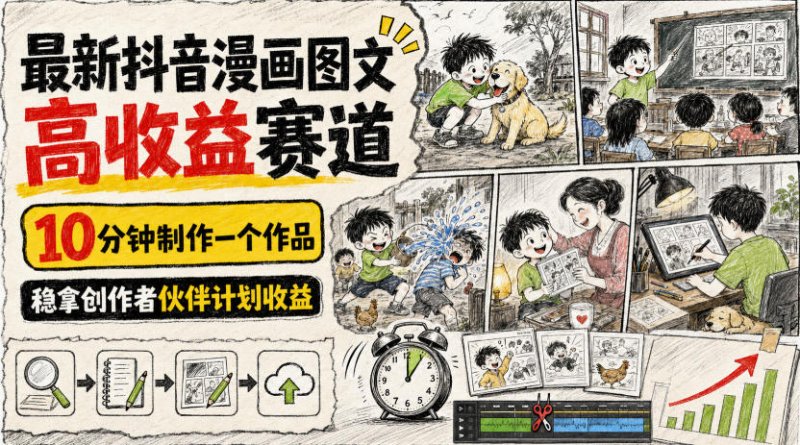 最新抖音漫画图文高收益赛道，10分钟制作一个作品，稳拿创作者伙伴计划收益网创-网赚-电商-tk-出海-AI-抖音-快手-小红书-视频号-玩法-创业-小程序-公众号-私域-s粉网创智库