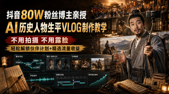 抖音80W粉丝博主的AI历史人物生平VLOG教学，不用拍摄不用露脸，AI帮你搞定，轻松解锁伙伴计划+精选收益网创-网赚-电商-tk-出海-AI-抖音-快手-小红书-视频号-玩法-创业-小程序-公众号-私域-s粉网创智库