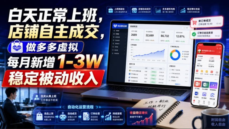 白天正常上班，店铺自主成交，做多多虚拟每月新增1-3W稳定被动收入【揭秘】网创-网赚-电商-tk-出海-AI-抖音-快手-小红书-视频号-玩法-创业-小程序-公众号-私域-s粉网创智库