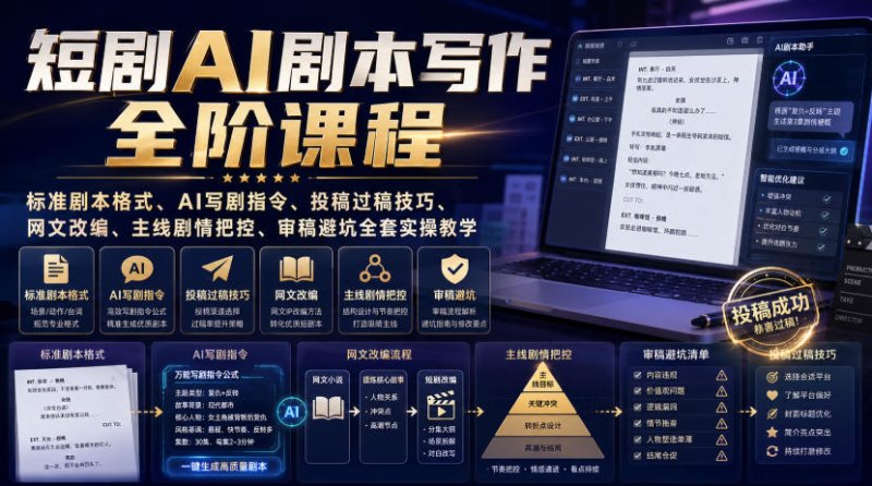 短剧AI剧本写作全阶课程｜标准剧本格式、AI写剧指令、投稿过稿技巧、网文改编、主线剧情把控、审稿避坑全套实操教学网创-网赚-电商-tk-出海-AI-抖音-快手-小红书-视频号-玩法-创业-小程序-公众号-私域-s粉网创智库