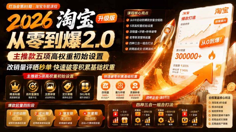2026淘宝从零到爆2.0第85期;主推款五项高权重初始设置,改销量评晒秒单快速破零积累基础权重网创-网赚-电商-tk-出海-AI-抖音-快手-小红书-视频号-玩法-创业-小程序-公众号-私域-s粉网创智库