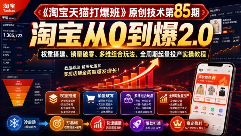 《淘宝天猫打爆班》原创技术第85期,淘宝从0到爆2.0,权重搭建、销量破零、多维组合玩法、全周期起量投产实操教程网创-网赚-电商-tk-出海-AI-抖音-快手-小红书-视频号-玩法-创业-小程序-公众号-私域-s粉网创智库