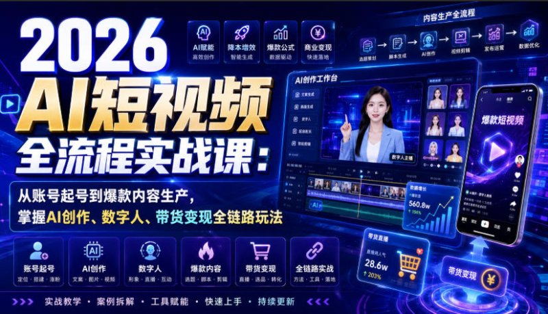 2026 AI短视频全流程实战课:从账号起号到爆款内容生产,掌握AI创作、数字人、带货变现全链路玩法网创-网赚-电商-tk-出海-AI-抖音-快手-小红书-视频号-玩法-创业-小程序-公众号-私域-s粉网创智库
