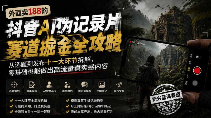 外面卖188的抖音AI伪记录片赛道掘金全攻略；从选题到发布十一大环节拆解，零基础也能做出高流量真实感内容网创-网赚-电商-tk-出海-AI-抖音-快手-小红书-视频号-玩法-创业-小程序-公众号-私域-s粉网创智库
