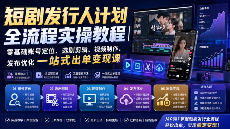 短剧发行人计划全流程实操教程｜零基础账号定位、选剧剪辑、视频制作、发布优化一站式出单变现课​网创-网赚-电商-tk-出海-AI-抖音-快手-小红书-视频号-玩法-创业-小程序-公众号-私域-s粉网创智库