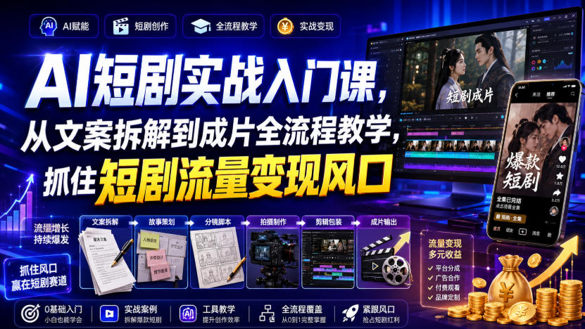 AI短剧实战入门课，从文案拆解到成片全流程教学，抓住短剧流量变现风口 - 网创智库网创-网赚-电商-tk-出海-AI-抖音-快手-小红书-视频号-玩法-创业-小程序-公众号-私域-s粉网创智库