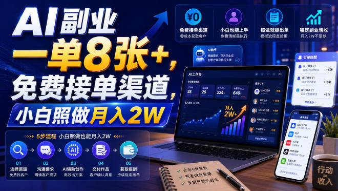 AI副业一单8张+，免费接单渠道，小白照做月入2W【揭秘】网创-网赚-电商-tk-出海-AI-抖音-快手-小红书-视频号-玩法-创业-小程序-公众号-私域-s粉网创智库