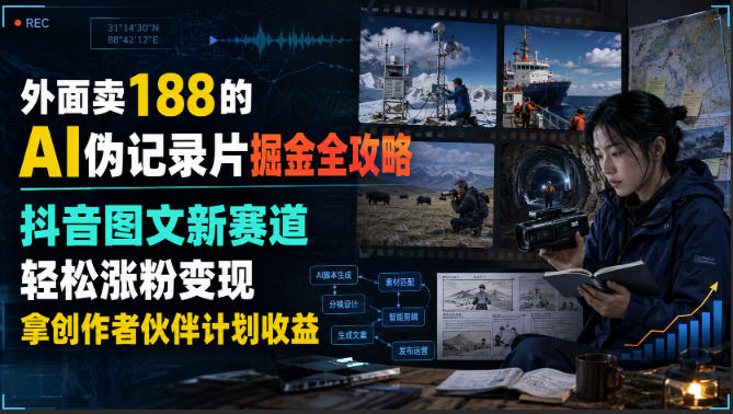 外面卖188的AI伪记录片掘金全攻略，抖音图文新赛道，轻松涨粉变现，拿创作者伙伴计划收益【文档】网创-网赚-电商-tk-出海-AI-抖音-快手-小红书-视频号-玩法-创业-小程序-公众号-私域-s粉网创智库