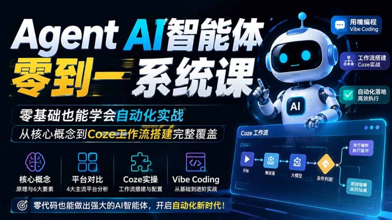 Agent AI智能体零到一系统课；零基础也能学会自动化实战，从核心概念到Coze工作流搭建完整覆盖网创-网赚-电商-tk-出海-AI-抖音-快手-小红书-视频号-玩法-创业-小程序-公众号-私域-s粉网创智库