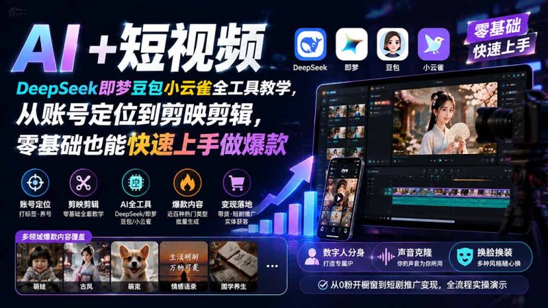 AI+短视频|DeepSeek即梦豆包小云雀全工具教学,从账号定位到剪映剪辑,零基础也能快速上手做爆款网创-网赚-电商-tk-出海-AI-抖音-快手-小红书-视频号-玩法-创业-小程序-公众号-私域-s粉网创智库