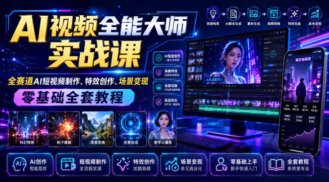AI视频全能大师实战课｜全赛道AI短视频制作、特效创作、场景变现零基础全套教程网创-网赚-电商-tk-出海-AI-抖音-快手-小红书-视频号-玩法-创业-小程序-公众号-私域-s粉网创智库