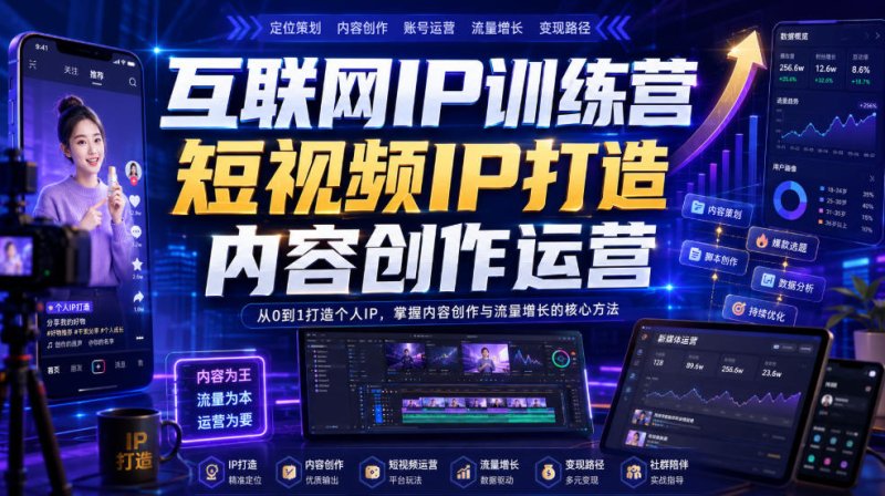 互联网IP训练营，短视频IP打造，内容创作运营网创-网赚-电商-tk-出海-AI-抖音-快手-小红书-视频号-玩法-创业-小程序-公众号-私域-s粉网创智库