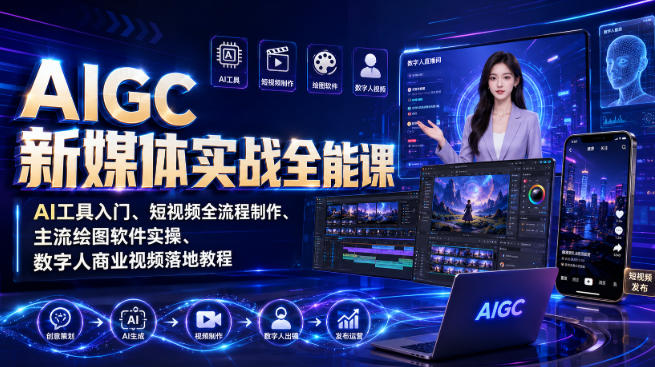 AIGC新媒体实战全能课｜AI工具入门、短视频全流程制作、主流绘图软件实操、数字人商业视频落地教程网创-网赚-电商-tk-出海-AI-抖音-快手-小红书-视频号-玩法-创业-小程序-公众号-私域-s粉网创智库