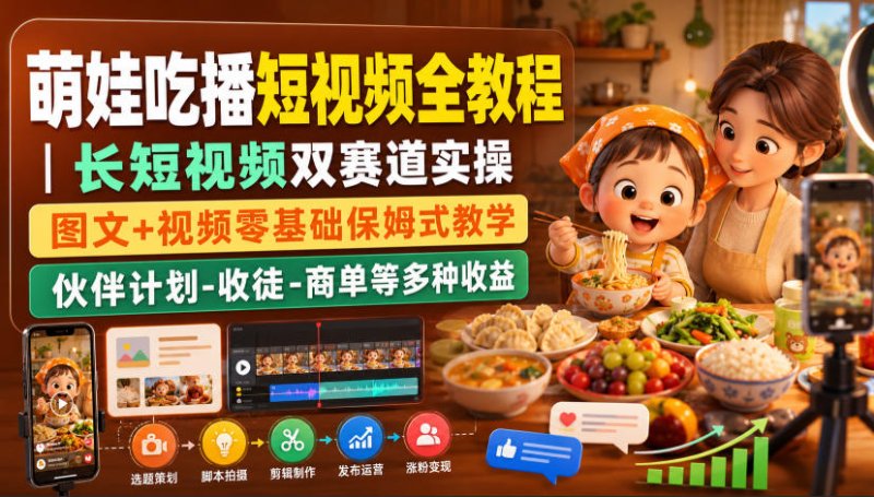 萌娃吃播短视频全教程｜长短视频双赛道实操，图文+视频零基础保姆式教学，伙伴计划-收徒-商单等多种变现方式网创-网赚-电商-tk-出海-AI-抖音-快手-小红书-视频号-玩法-创业-小程序-公众号-私域-s粉网创智库