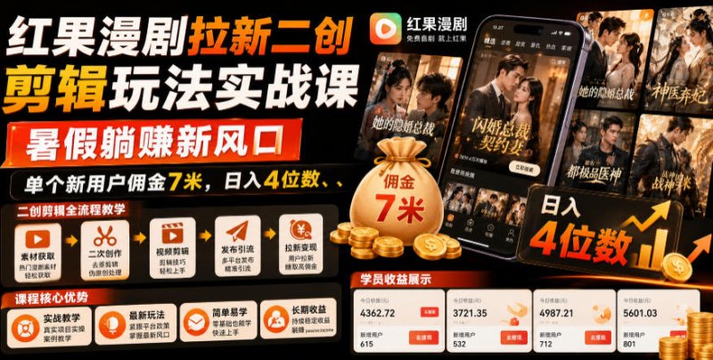 红果漫剧拉新二创剪辑玩法实战课，暑假躺賺新风口，单个新用户佣金7米，日入4位数(更新0808)网创-网赚-电商-tk-出海-AI-抖音-快手-小红书-视频号-玩法-创业-小程序-公众号-私域-s粉网创智库
