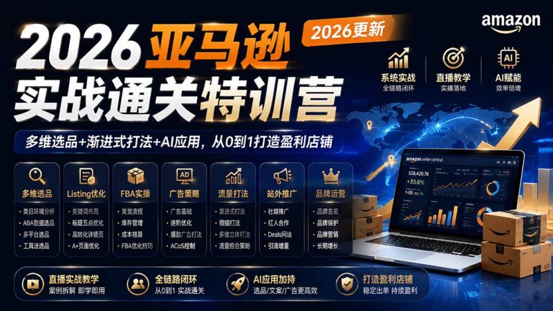 2026亚马逊实战通关特训营-2026更新,多维选品+渐进式打法+AI应用,从0到1打造盈利店铺网创-网赚-电商-tk-出海-AI-抖音-快手-小红书-视频号-玩法-创业-小程序-公众号-私域-s粉网创智库