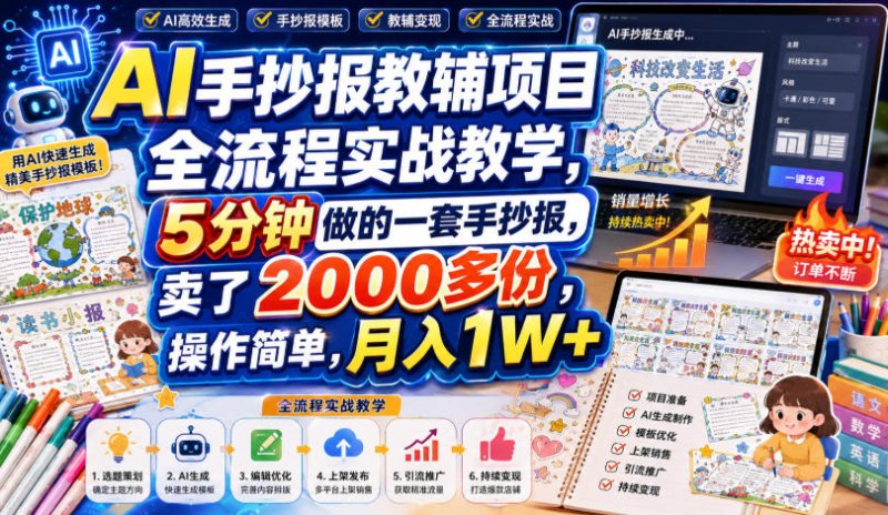 AI手抄报教辅项目全流程实战教学，5分钟做的一套手抄报，卖了2000多份，操作简单，月入1W+网创-网赚-电商-tk-出海-AI-抖音-快手-小红书-视频号-玩法-创业-小程序-公众号-私域-s粉网创智库