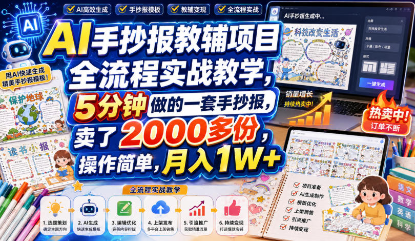 AI手抄报教辅项目全流程实战教学，5分钟做的一套手抄报，卖了2000多份，操作简单，月入1W+ - 网创智库网创-网赚-电商-tk-出海-AI-抖音-快手-小红书-视频号-玩法-创业-小程序-公众号-私域-s粉网创智库