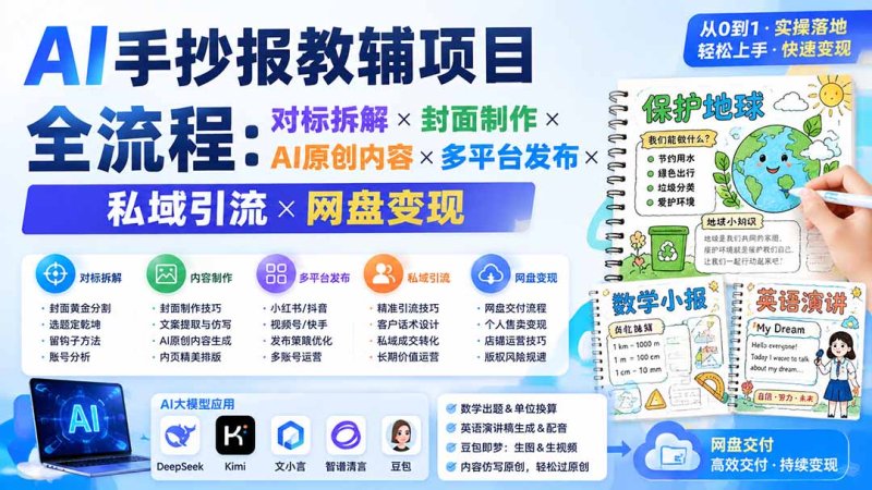 AI手抄报教辅项目全流程：对标拆解×封面制作×AI原创内容×多平台发布×私域引流×网盘变现网创-网赚-电商-tk-出海-AI-抖音-快手-小红书-视频号-玩法-创业-小程序-公众号-私域-s粉网创智库