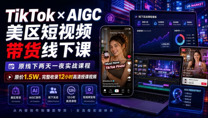 TikTok×AIGC美区短视频带货线下课，原线下两天一夜实战课程，原价1.5W，完整收录12小时高清授课视频网创-网赚-电商-tk-出海-AI-抖音-快手-小红书-视频号-玩法-创业-小程序-公众号-私域-s粉网创智库