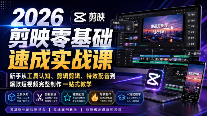 2026剪映零基础速成实战课｜新手从工具认知、剪辑剪辑、特效配音到爆款短视频完整制作一站式教学网创-网赚-电商-tk-出海-AI-抖音-快手-小红书-视频号-玩法-创业-小程序-公众号-私域-s粉网创智库