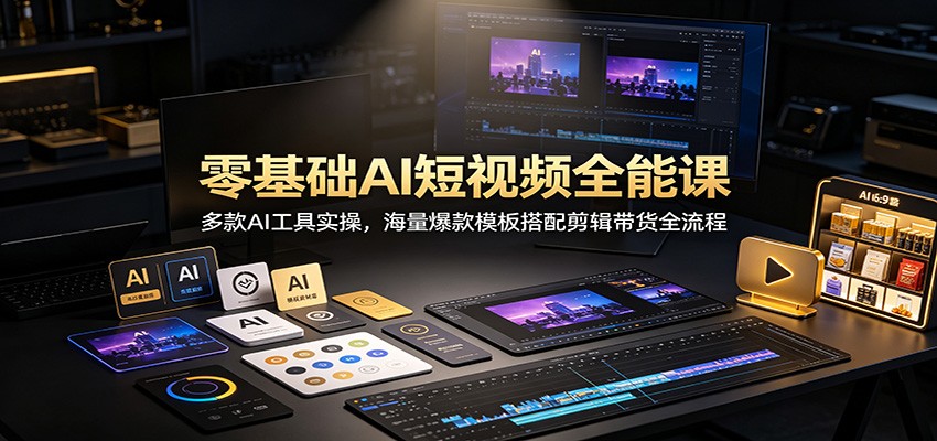 零基础AI短视频全能课:多款AI工具实操,海量爆款模板搭配剪辑带货全流程 - 网创智库网创-网赚-电商-tk-出海-AI-抖音-快手-小红书-视频号-玩法-创业-小程序-公众号-私域-s粉网创智库