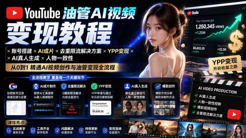 YouTube油管AI视频变现教程-更新：账号搭建×AI成片×去重限流解决方案×YPP变现×AI真人生成×人物一致性网创-网赚-电商-tk-出海-AI-抖音-快手-小红书-视频号-玩法-创业-小程序-公众号-私域-s粉网创智库