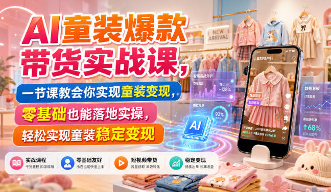AI童装爆款带货实战课，一节课教会你实现童装变现，零基础也能落地实操网创-网赚-电商-tk-出海-AI-抖音-快手-小红书-视频号-玩法-创业-小程序-公众号-私域-s粉网创智库