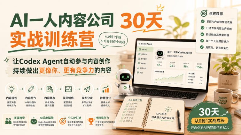 AI一人内容公司30天实战训练营，让Codex Agent自动参与内容创作持续做出更像你、更有竞争力的内容网创-网赚-电商-tk-出海-AI-抖音-快手-小红书-视频号-玩法-创业-小程序-公众号-私域-s粉网创智库