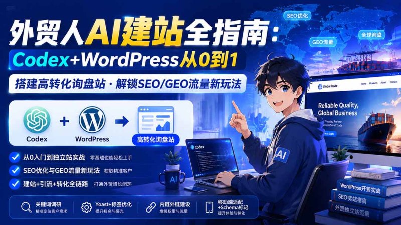 外贸人AI建站全指南:Codex+WordPress从0到1·搭建高转化询盘站·解锁SEO/GEO流量新玩法-更新网创-网赚-电商-tk-出海-AI-抖音-快手-小红书-视频号-玩法-创业-小程序-公众号-私域-s粉网创智库