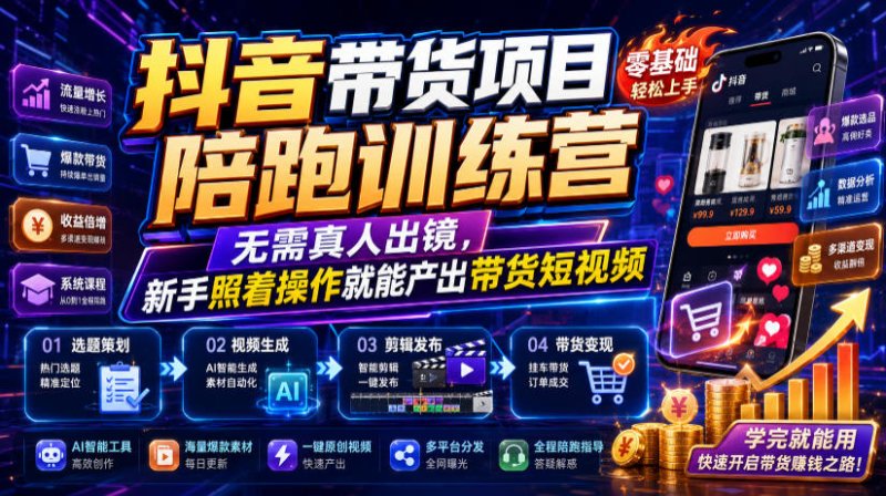 抖音带货项目陪跑训练营，无需真人出镜，新手照着操作就能产出带货短视频(更新0811)网创-网赚-电商-tk-出海-AI-抖音-快手-小红书-视频号-玩法-创业-小程序-公众号-私域-s粉网创智库