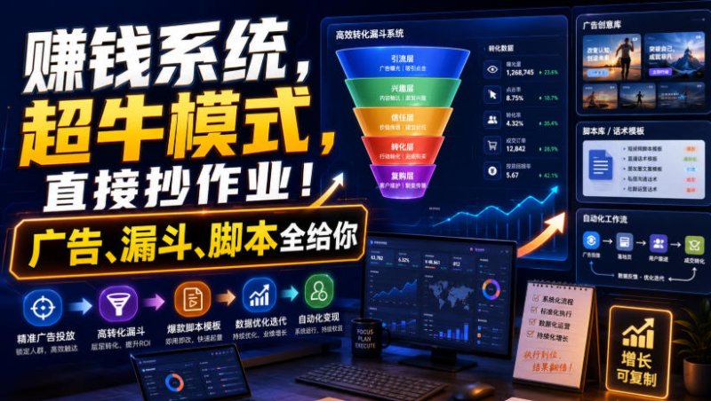 賺钱系统，超牛模式，直接抄作业！广告、漏斗、脚本全给你【原创双语字幕】网创-网赚-电商-tk-出海-AI-抖音-快手-小红书-视频号-玩法-创业-小程序-公众号-私域-s粉网创智库