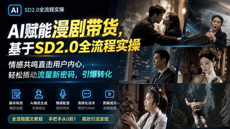 AI赋能漫剧带货，基于SD2.0全流程实操；情感共鸣直击用户内心，轻松撬动流量新密码，引爆转化网创-网赚-电商-tk-出海-AI-抖音-快手-小红书-视频号-玩法-创业-小程序-公众号-私域-s粉网创智库