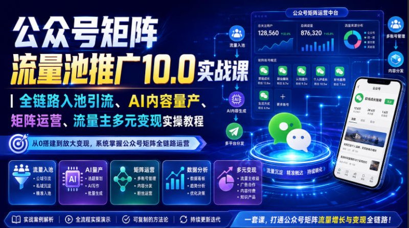 公众号矩阵流量池推广10.0实战课｜全链路入池引流、AI内容量产、矩阵运营、流量主多元变现实操教程网创-网赚-电商-tk-出海-AI-抖音-快手-小红书-视频号-玩法-创业-小程序-公众号-私域-s粉网创智库