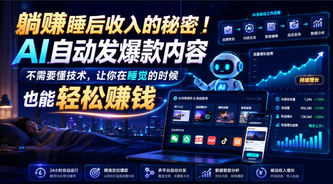 躺賺睡后收入的秘密！AI自动发爆款内容，不需要懂技术，让你在睡觉的时候也能轻松賺钱【原创双语字幕】网创-网赚-电商-tk-出海-AI-抖音-快手-小红书-视频号-玩法-创业-小程序-公众号-私域-s粉网创智库
