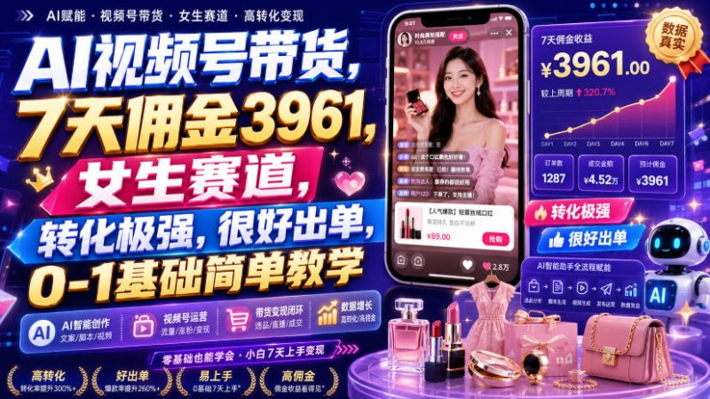 AI视频号带货，7天佣金3961，女生赛道，转化极强，很好出单，0-1基础简单教学网创-网赚-电商-tk-出海-AI-抖音-快手-小红书-视频号-玩法-创业-小程序-公众号-私域-s粉网创智库