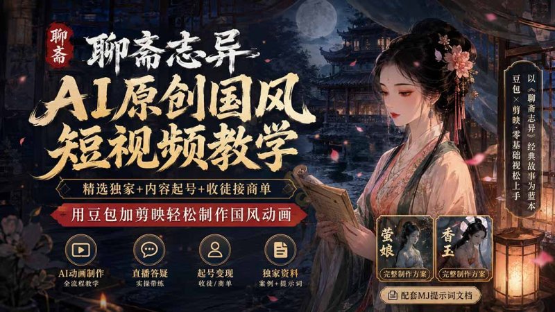 聊斋志异AI原创国风短视频教学;精选独家+内容起号+收徒接商单,用豆包加剪映轻松制作国风动画网创-网赚-电商-tk-出海-AI-抖音-快手-小红书-视频号-玩法-创业-小程序-公众号-私域-s粉网创智库