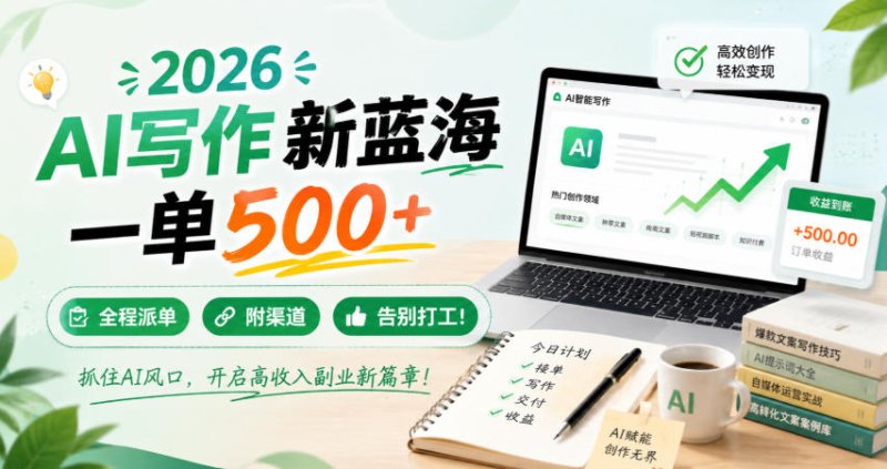 2026 AI写作新蓝海,一单500+,全程派单,附渠道,告别打工!【揭秘】网创-网赚-电商-tk-出海-AI-抖音-快手-小红书-视频号-玩法-创业-小程序-公众号-私域-s粉网创智库