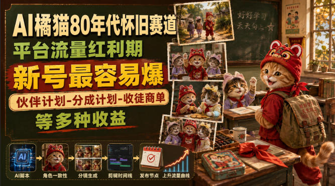 AI橘猫80年代怀旧赛道，平台流量红利期，新号最容易爆，伙伴计划-分成计划-收徒商单等多种收益网创-网赚-电商-tk-出海-AI-抖音-快手-小红书-视频号-玩法-创业-小程序-公众号-私域-s粉网创智库