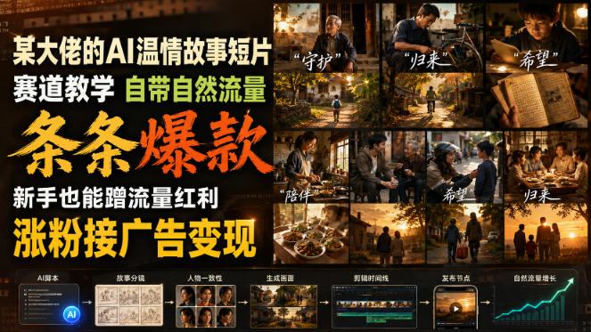 某大佬的AI温情故事短片赛道教学，自带自然流量，条条爆款，新手也能蹭流量红利，涨粉接广告变现网创-网赚-电商-tk-出海-AI-抖音-快手-小红书-视频号-玩法-创业-小程序-公众号-私域-s粉网创智库