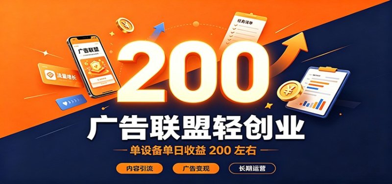 广告联盟轻创业，单设备单日收益200左右，内容引流广告变现长期运营网创-网赚-电商-tk-出海-AI-抖音-快手-小红书-视频号-玩法-创业-小程序-公众号-私域-s粉网创智库