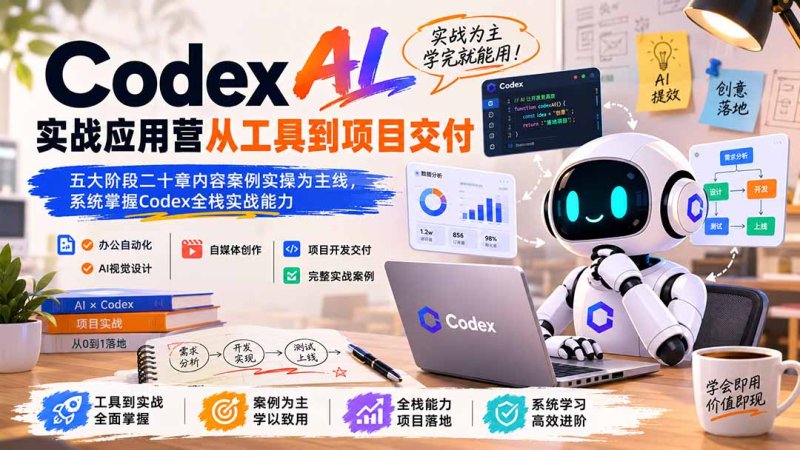Codex AI实战应用营从工具到项目交付；五大阶段二十章内容案例实操为主线，系统掌握Codex全栈实战能力网创-网赚-电商-tk-出海-AI-抖音-快手-小红书-视频号-玩法-创业-小程序-公众号-私域-s粉网创智库